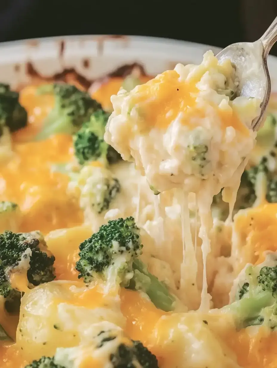 A spoonful of cheesy broccoli and potato casserole pulls apart with gooey melted cheese.