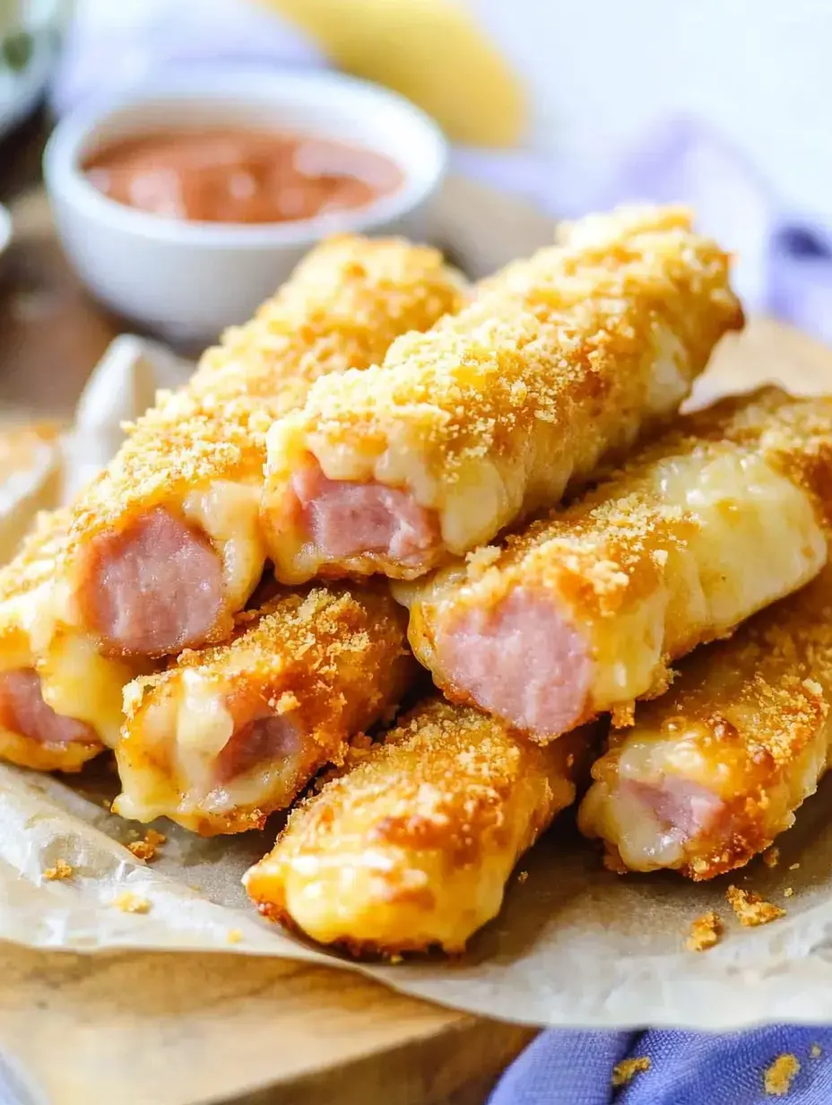 A close-up of crispy, golden-brown cheese-filled sausage rolls arranged on a wooden board, accompanied by a small bowl of dipping sauce.