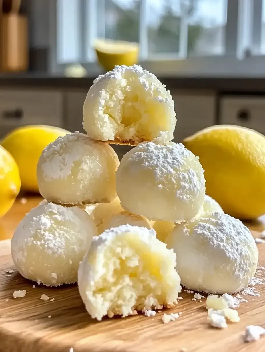 A stack of lemon-flavored cookies dusted with powdered sugar, with one cookie partially bitten, surrounded by fresh lemons on a wooden surface.