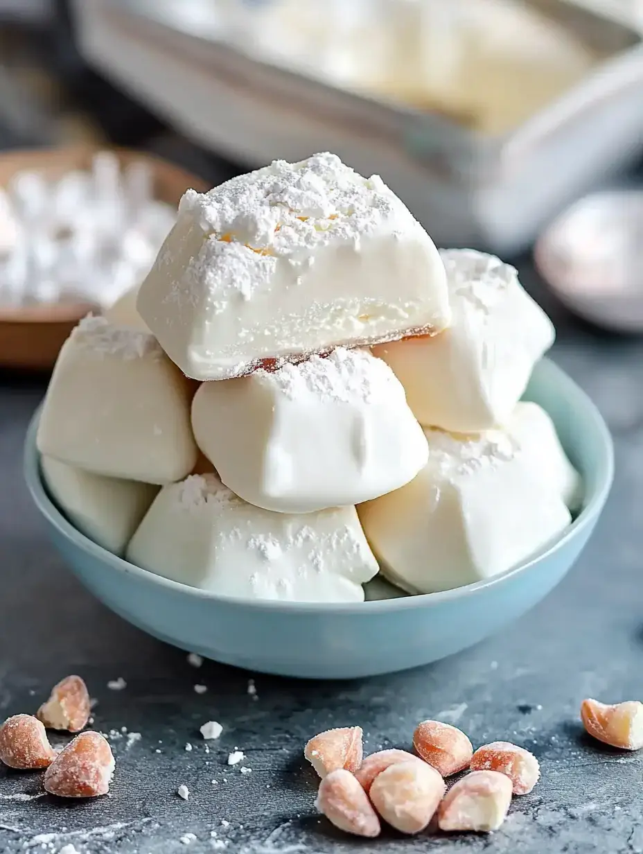 A bowl filled with white frosted confections dusted with powdered sugar, accompanied by scattered nuts on a dark surface.