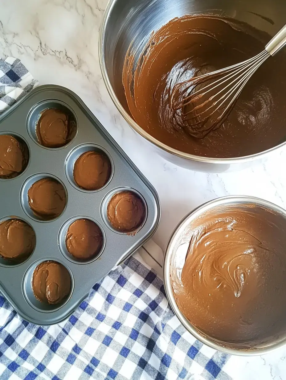 A mixing bowl with chocolate batter and a muffin tin filled with unbaked chocolate batter sit on a marble countertop alongside a checked cloth.