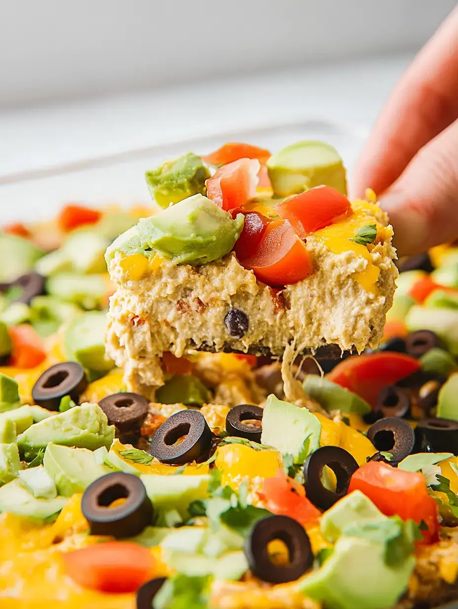 A hand lifts a cheesy, layered dip topped with diced tomatoes, avocado, and olives from a colorful platter.