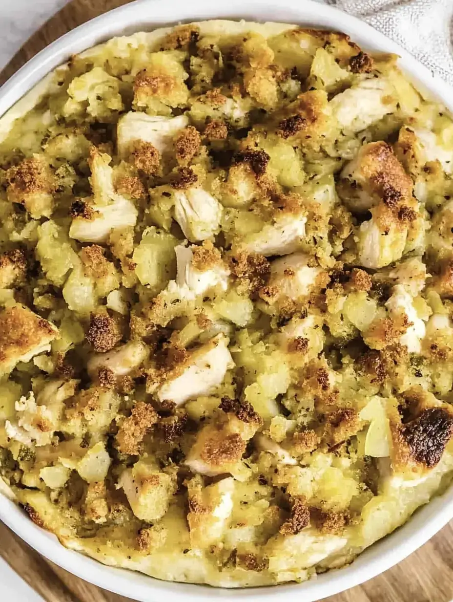 A baked dish featuring shredded chicken mixed with stuffing, topped with a crispy golden brown crust.