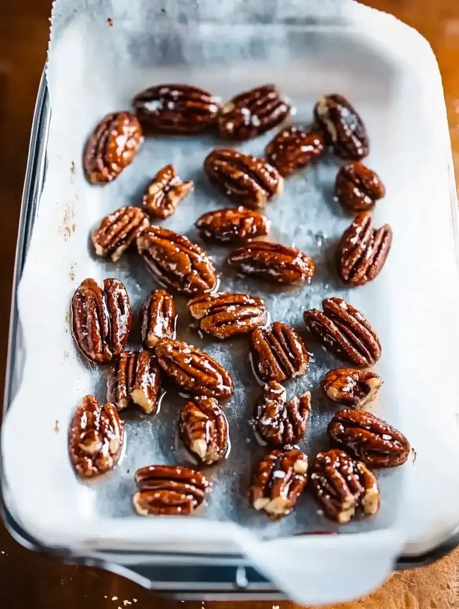 A tray lined with parchment paper holds a variety of shiny, caramel-coated pecans sprinkled with coarse salt.