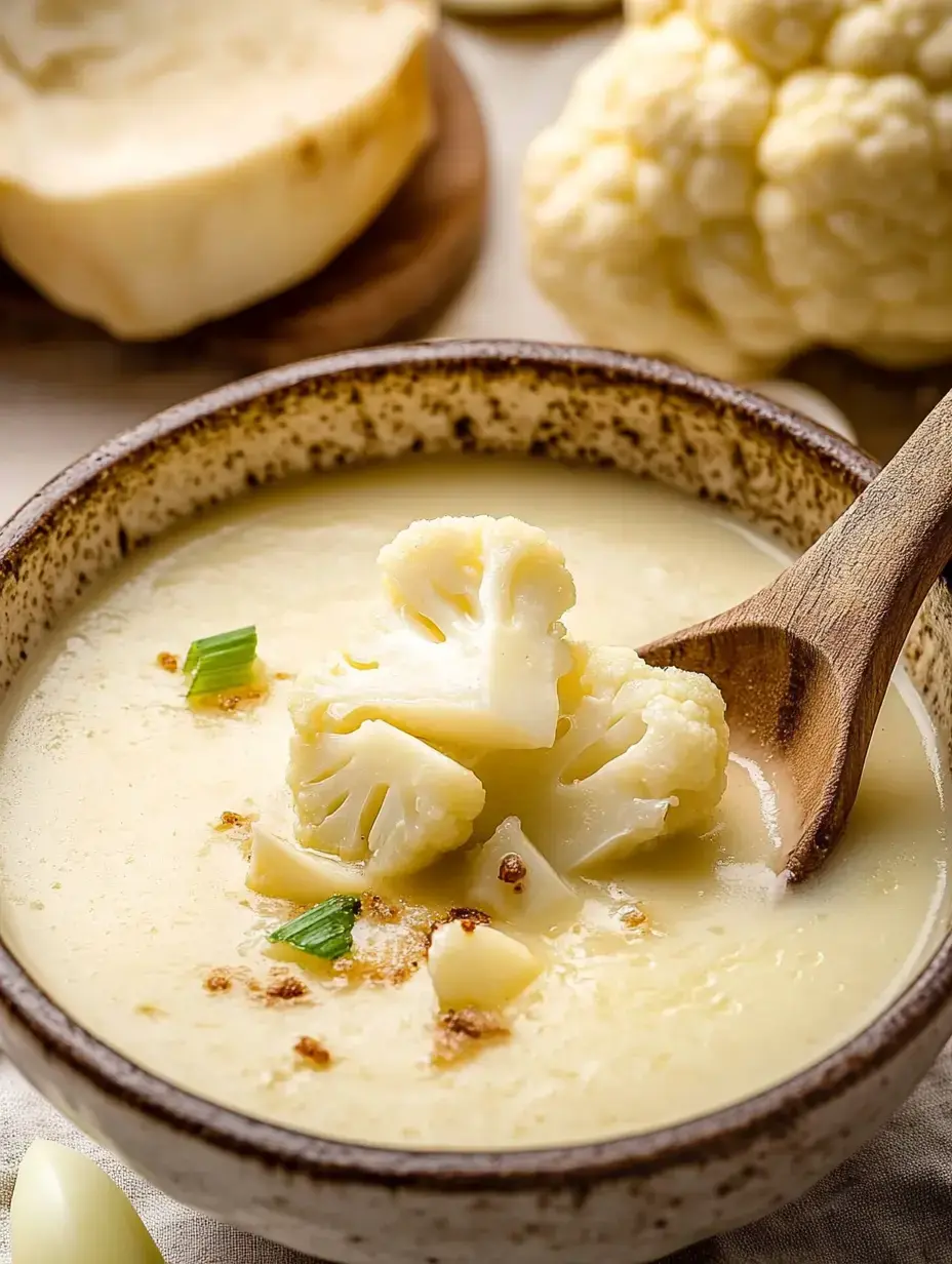 A rustic bowl of creamy cauliflower soup is pictured, topped with cauliflower florets, green onions, and breadcrumbs, with whole cauliflower in the background.