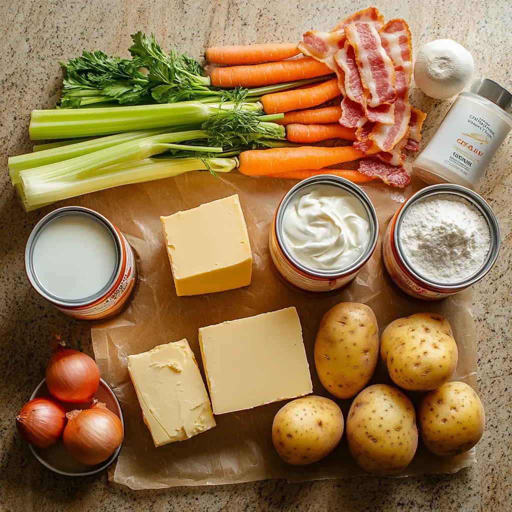 A variety of fresh ingredients including carrots, celery, potatoes, bacon, shallots, and dairy products are arranged on a countertop.