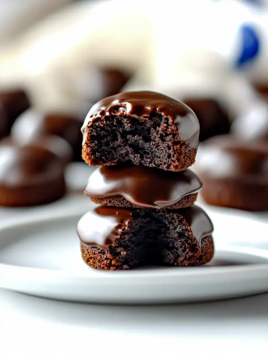 A plate of three stacked chocolate cookies, with the top and middle ones partially bitten into, revealing a moist, dark interior.