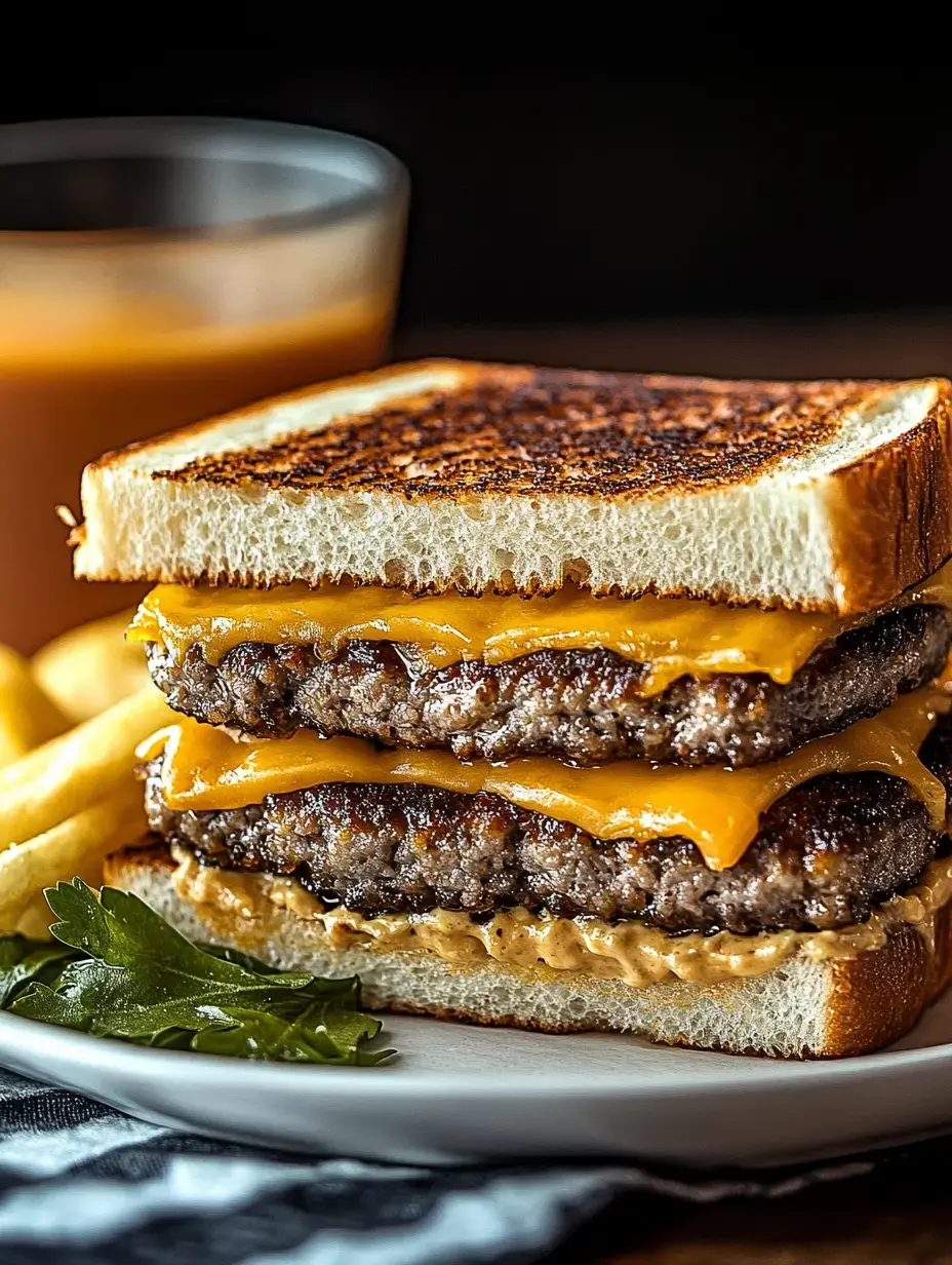 A hearty sandwich features two layers of burger patties with melted cheddar cheese, served with french fries and a glass of beverage in the background.