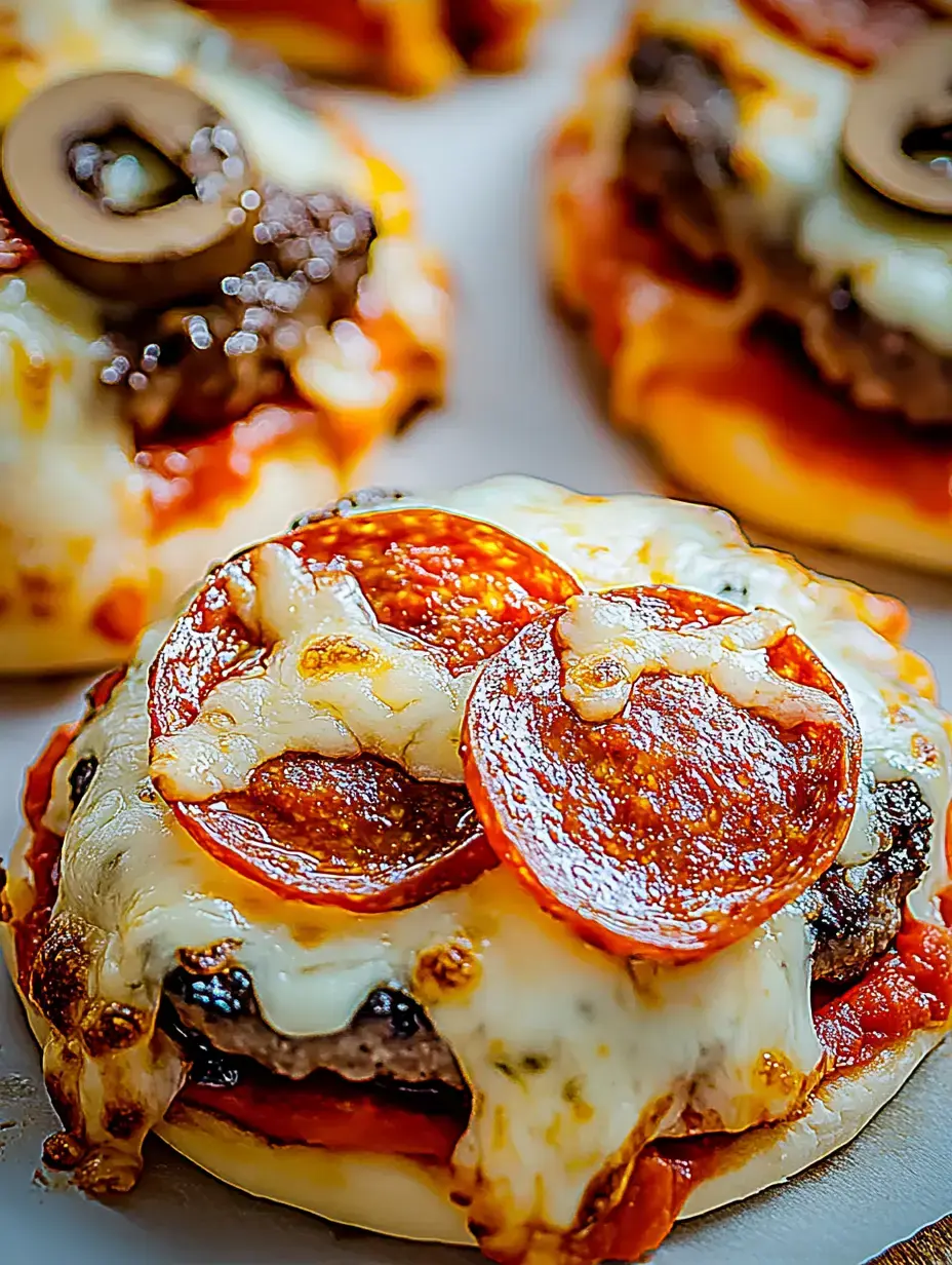 A close-up of mini pepperoni pizzas topped with melted cheese and black olives on a platter.