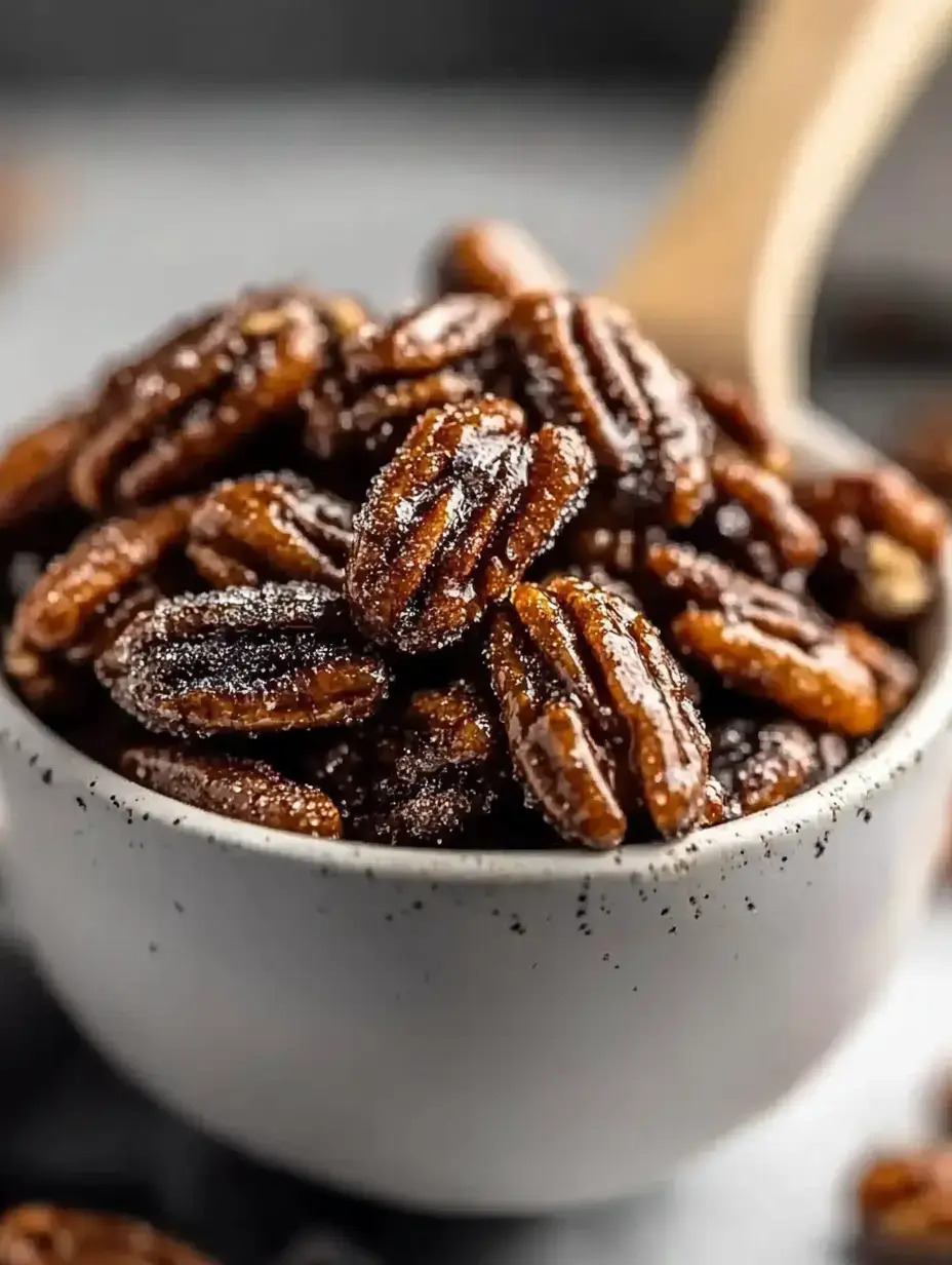 A white bowl filled with shiny, caramelized pecans sits on a dark surface.