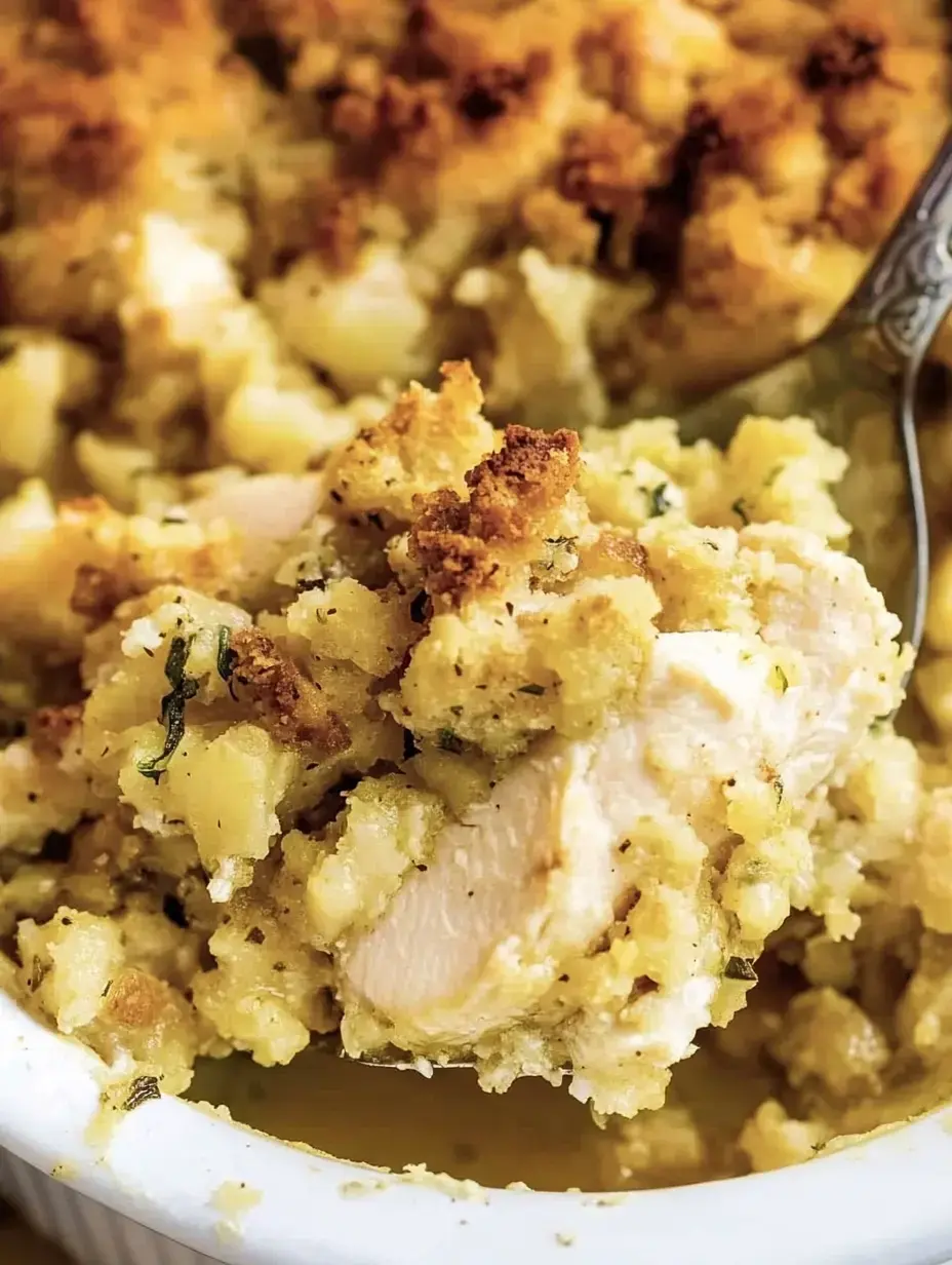 A close-up of a spoonful of chicken and stuffing casserole, showcasing a golden, crispy topping with moist, savory filling.