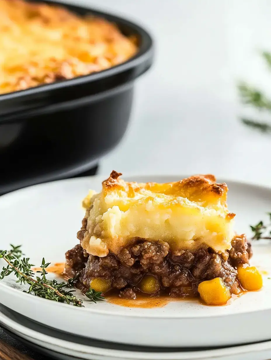 A serving of shepherd's pie with a golden crust, placed on a white plate alongside fresh thyme sprigs, with a black baking dish in the background.