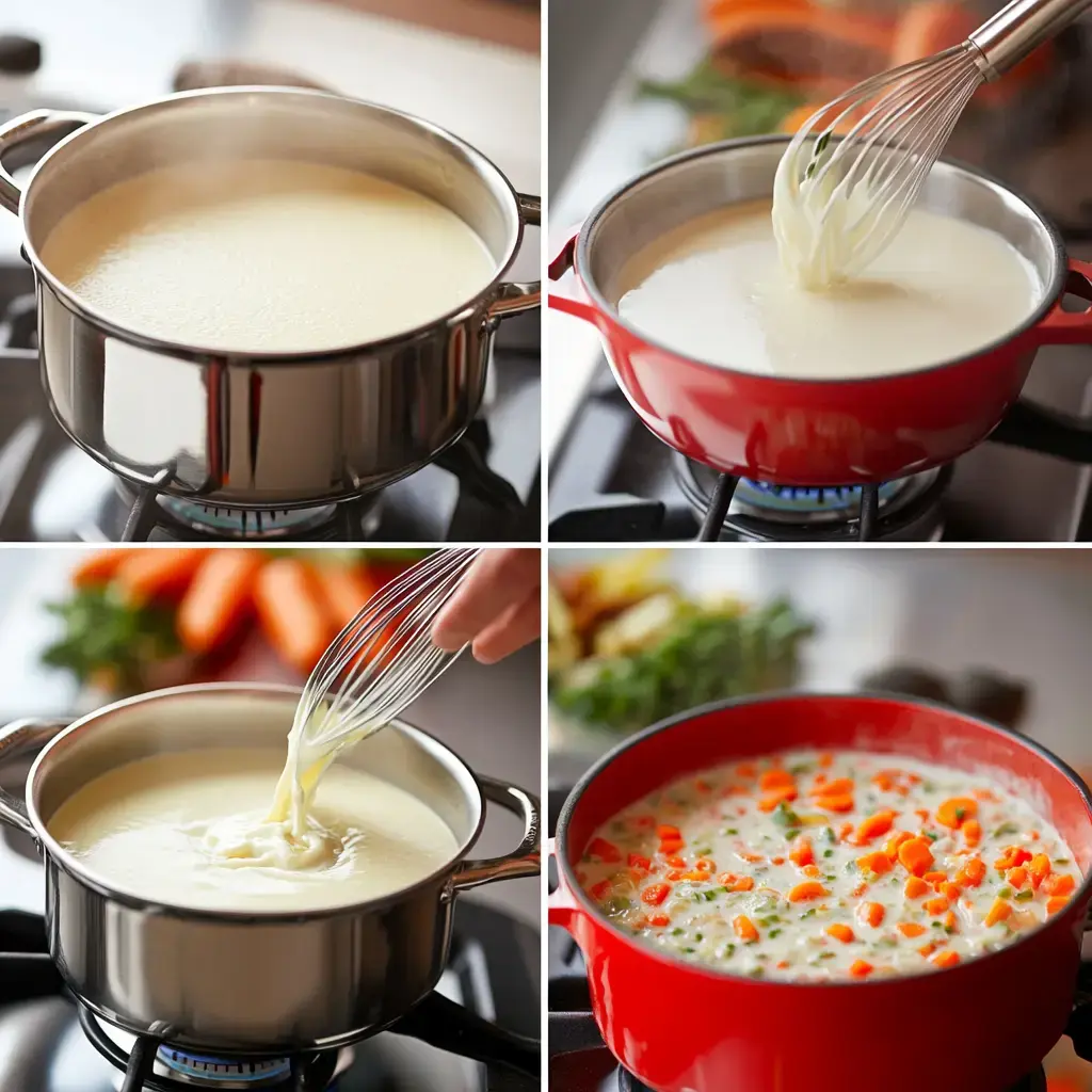 A collage of four images showing the process of making a creamy soup, including stirring a saucepan with a whisk, simmering a pot, and adding chopped vegetables.