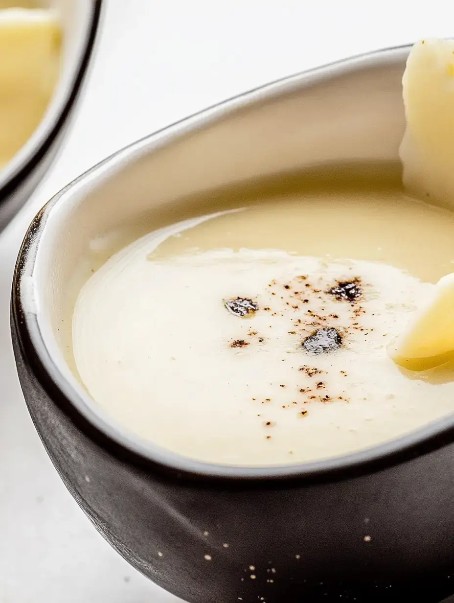 A close-up of a bowl filled with creamy soup topped with a sprinkle of black seasoning.