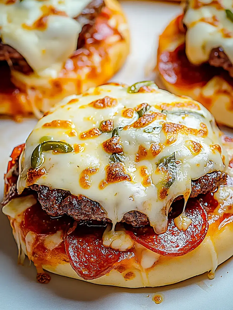 Three baked mini pizzas topped with melted cheese, pepperoni, and a hamburger patty.