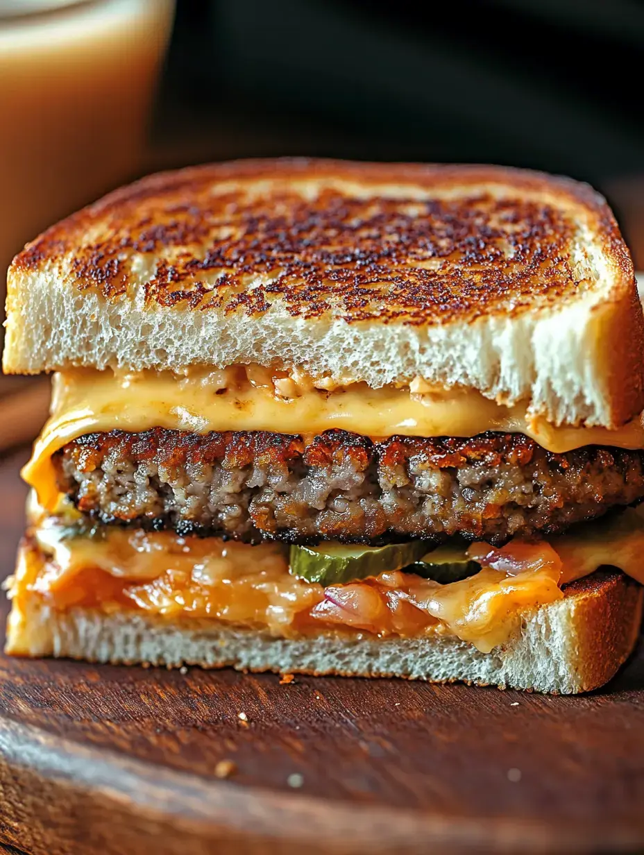 A close-up of a grilled cheese and hamburger sandwich, featuring melted cheese, a beef patty, and pickles, served on toasted bread.