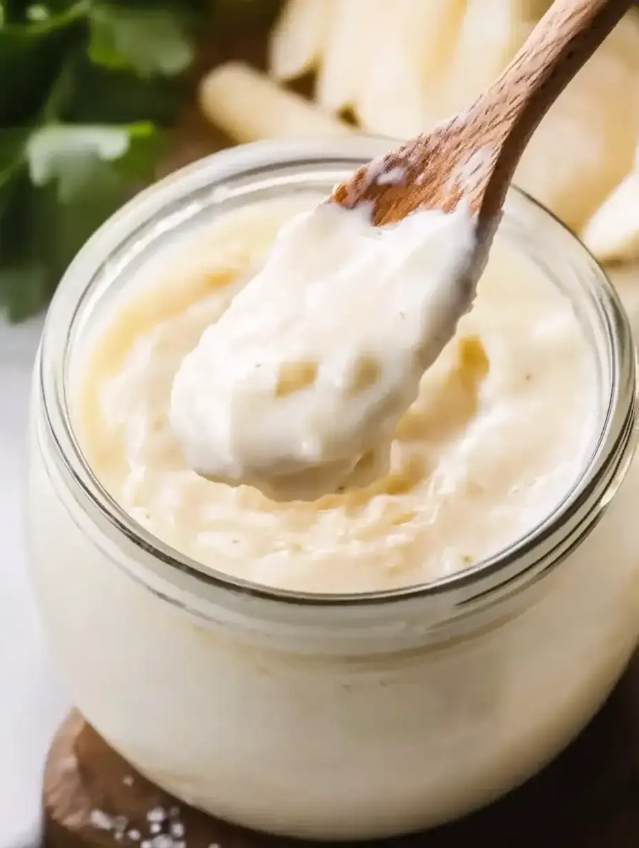 A wooden spoon is dipping into a jar of creamy, light-colored sauce, with fresh green herbs visible in the background.