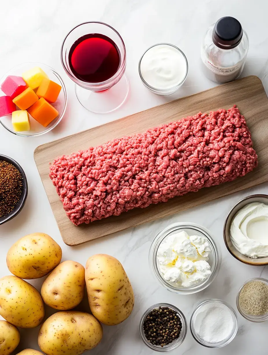 A variety of cooking ingredients, including ground beef, potatoes, seasonings, sour cream, and a glass of red drink, are arranged on a marble surface.