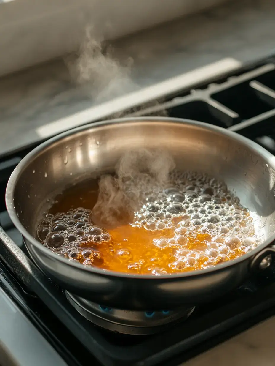 A stainless steel pan simmers with bubbling liquid and steam rising on a stovetop.