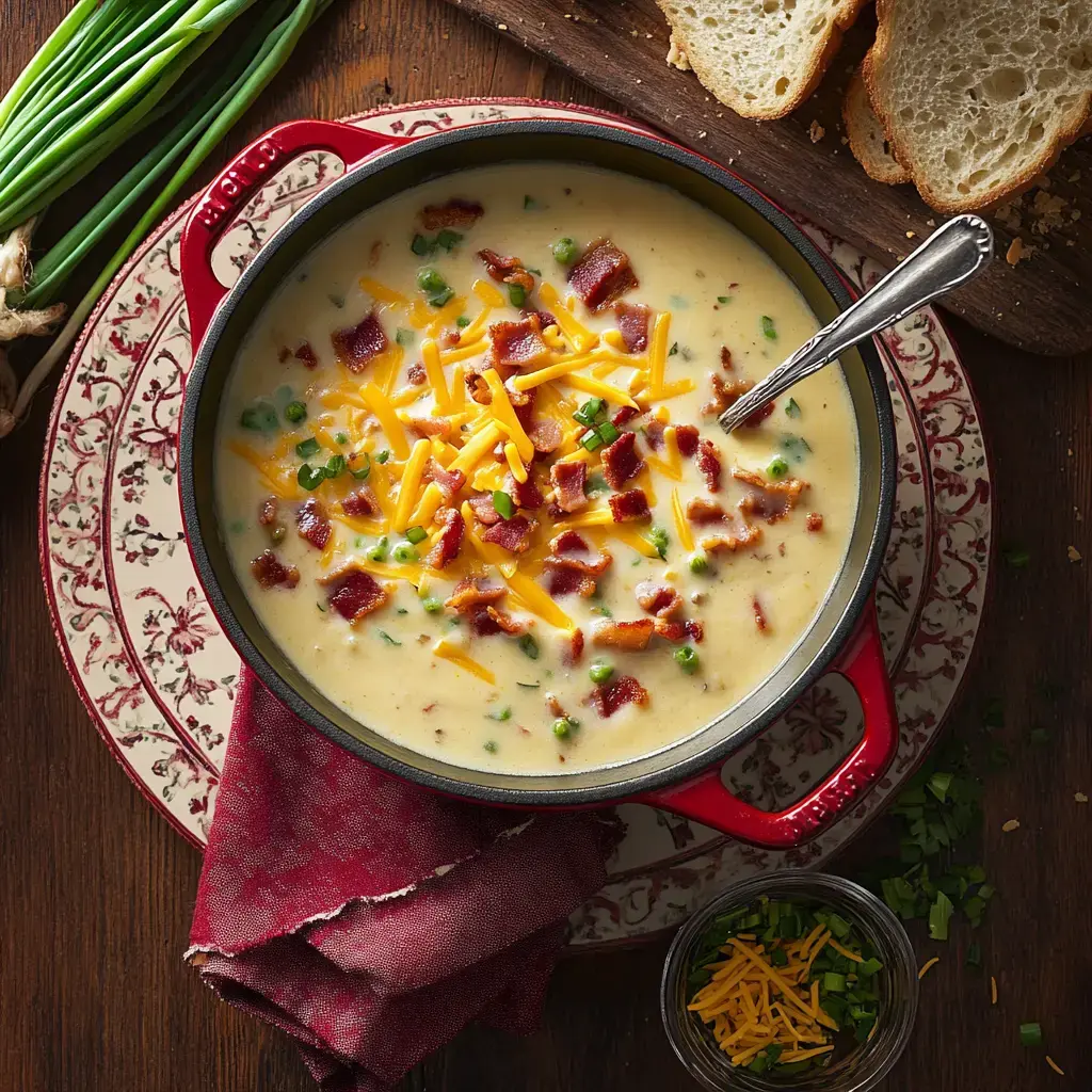 A red pot filled with creamy soup topped with cheddar cheese, crispy bacon, and green onions, accompanied by slices of bread and garnishes.