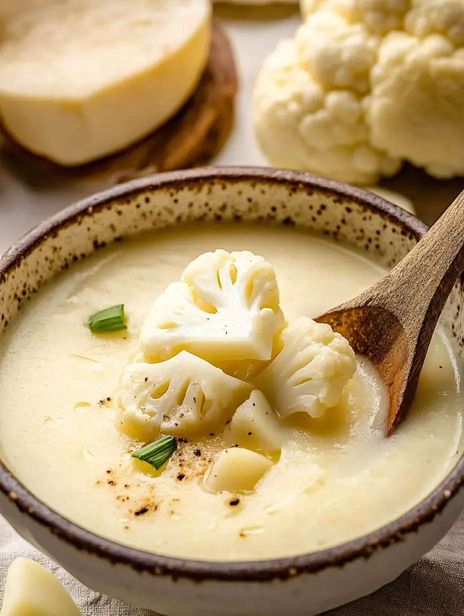 A close-up of a bowl of creamy cauliflower soup garnished with pieces of cauliflower and green herbs, with a wooden spoon resting inside.