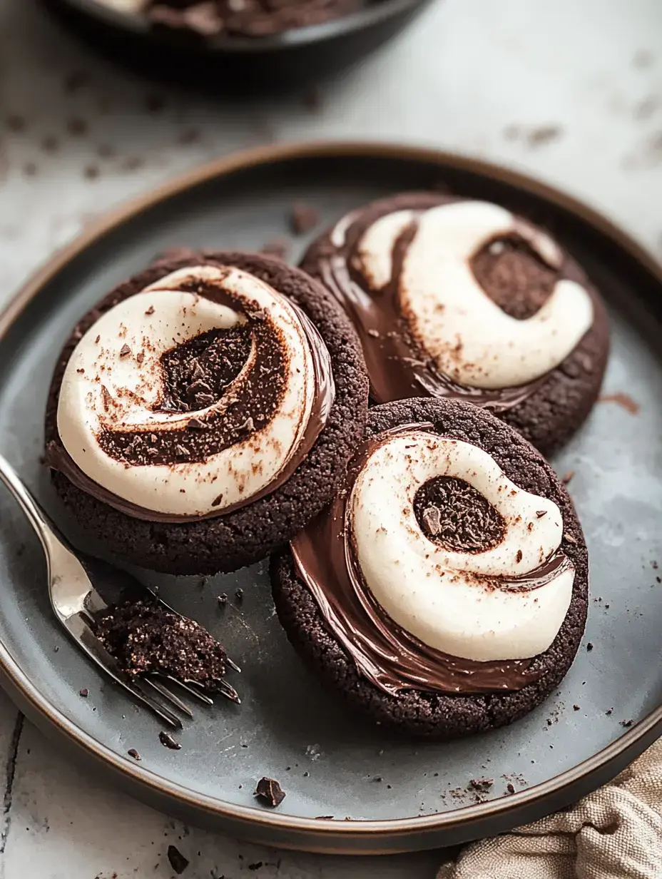 A close-up of three chocolate cookies topped with swirls of chocolate and white frosting, garnished with cocoa powder, on a gray plate.