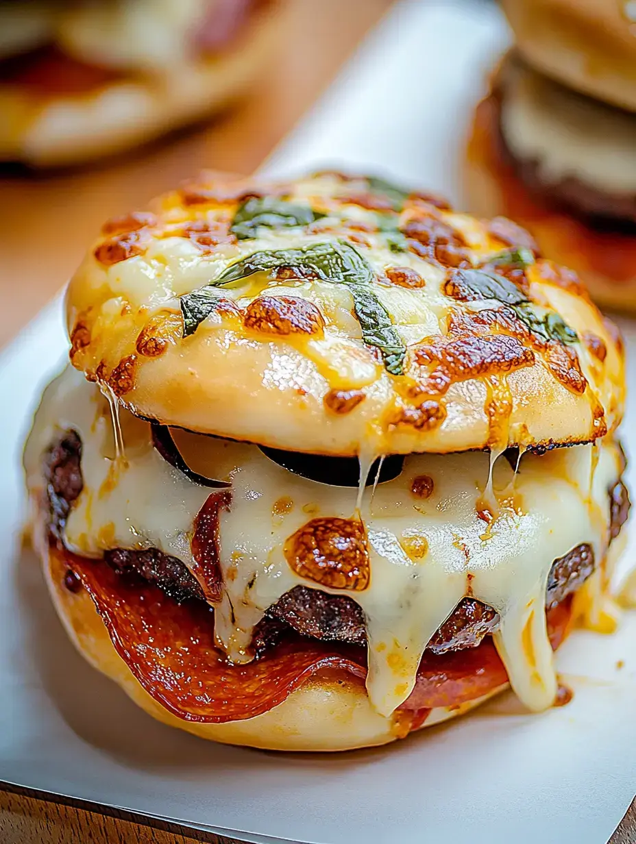 A close-up of a gooey, double-layered burger with melted cheese, pepperoni, and fresh basil on a toasted bun.