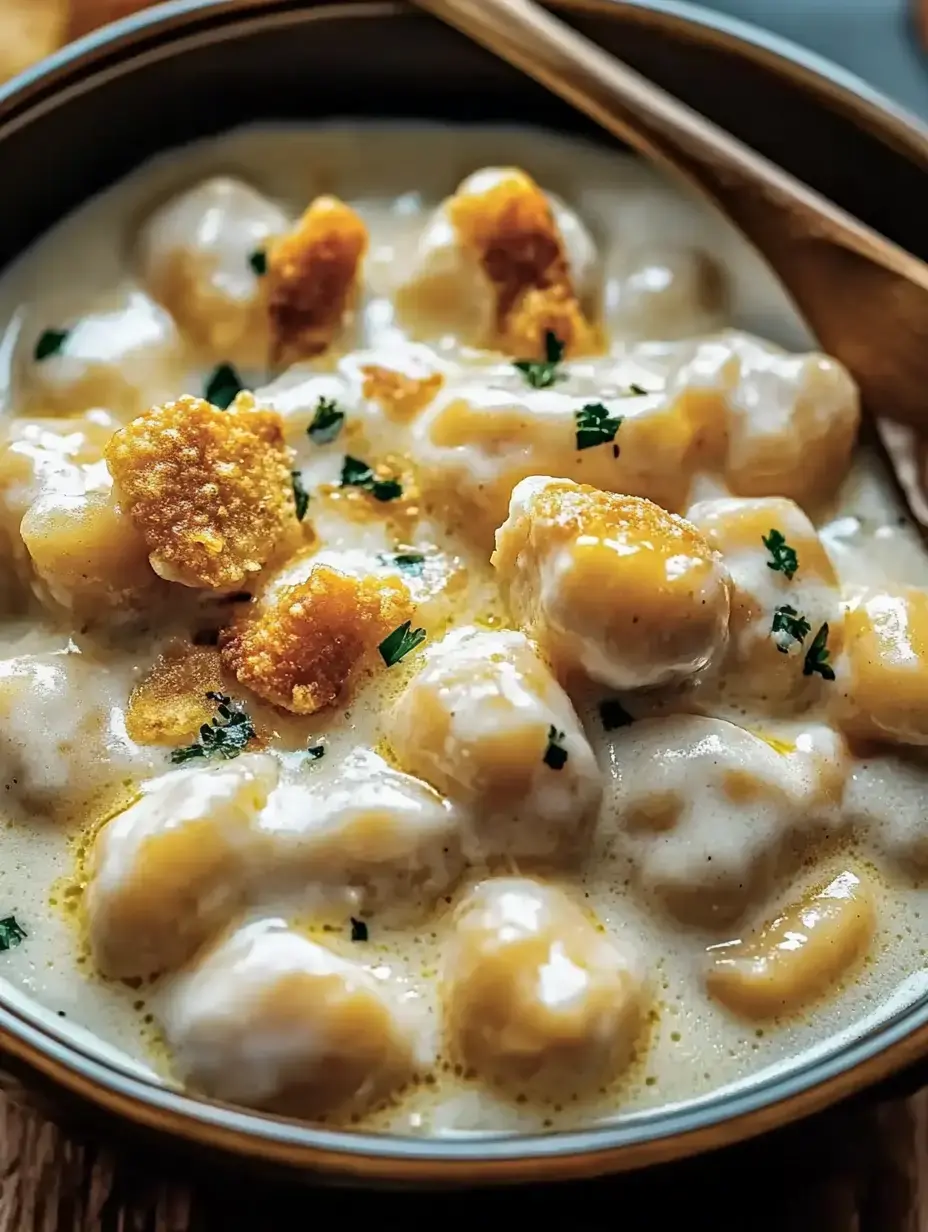 A close-up of creamy gnocchi served in a bowl, garnished with crispy bits and parsley.