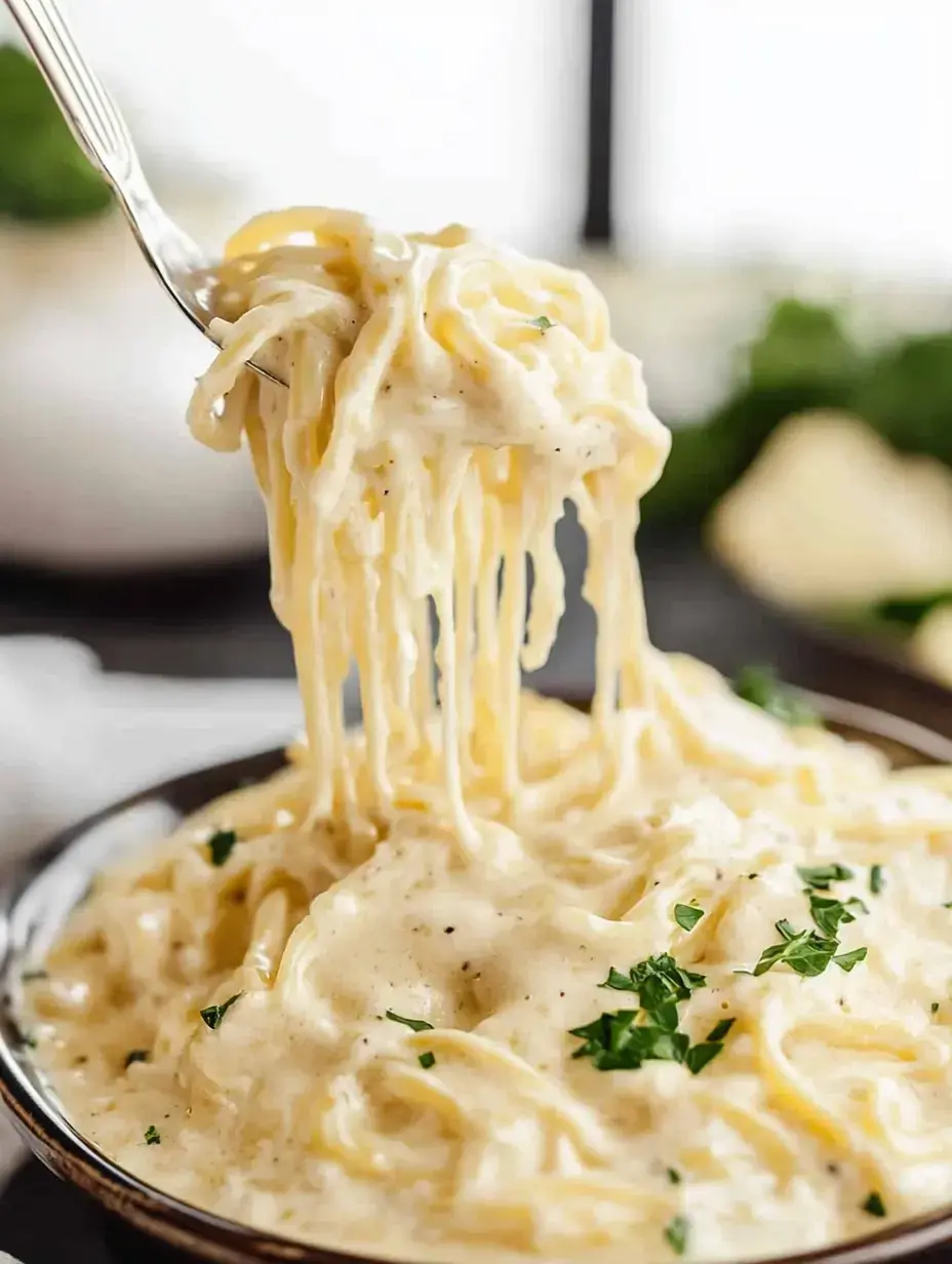 A fork is lifting creamy spaghetti Alfredo from a bowl, garnished with parsley.