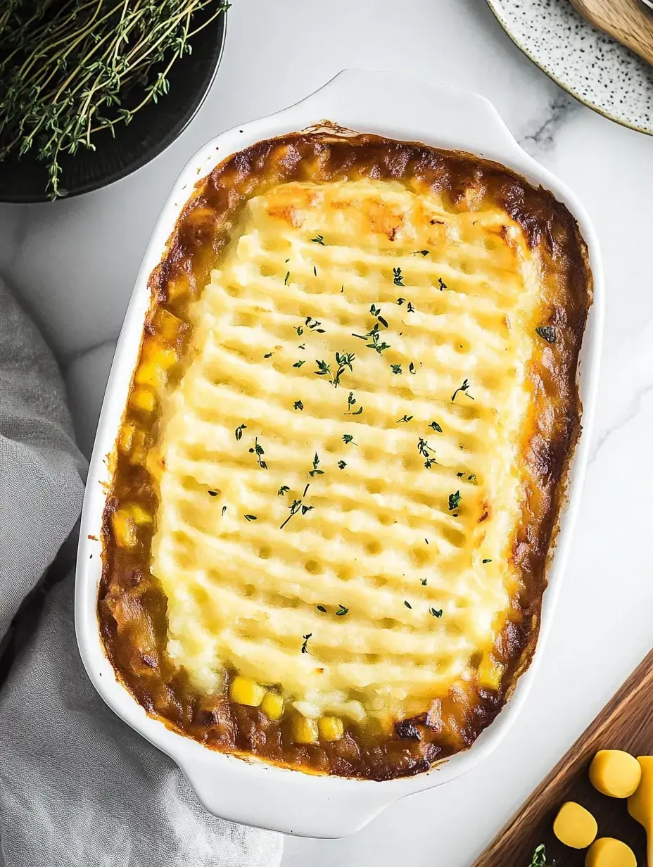 A creamy shepherd's pie topped with perfectly marked mashed potatoes and garnished with green herbs, displayed in a white baking dish.