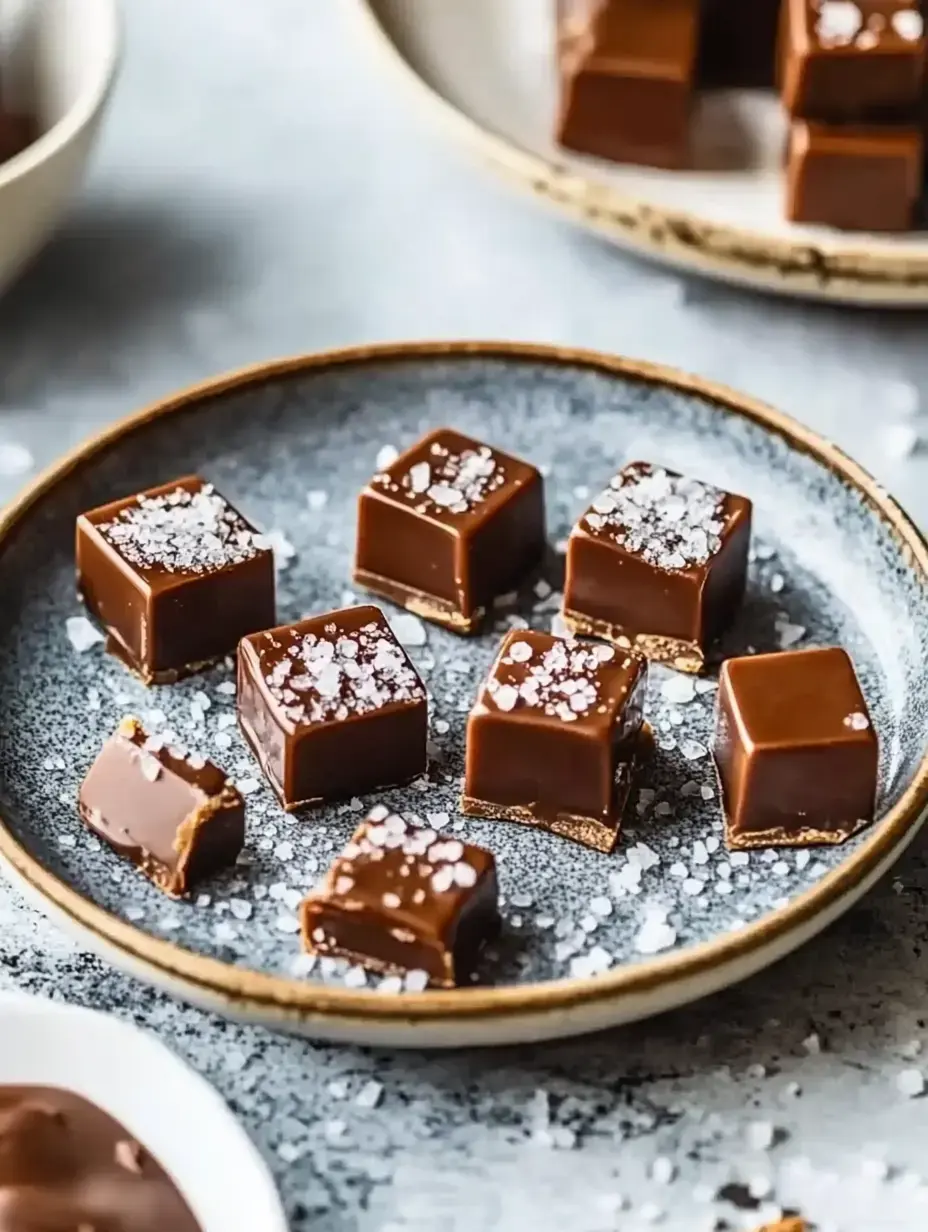 A plate of small chocolate squares topped with sea salt, placed on a textured surface.