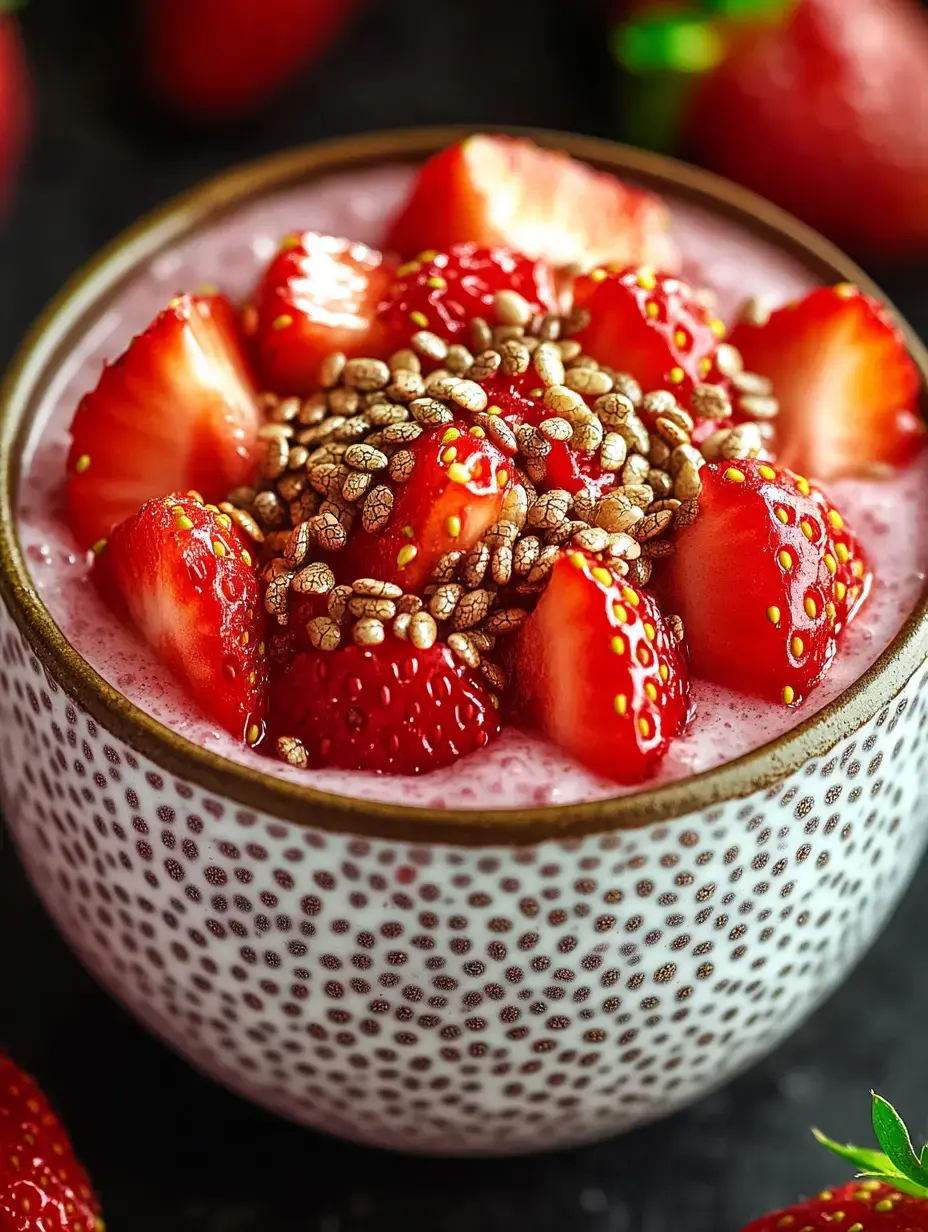 A bowl of creamy yogurt topped with fresh strawberry slices and sprinkled with seeds.