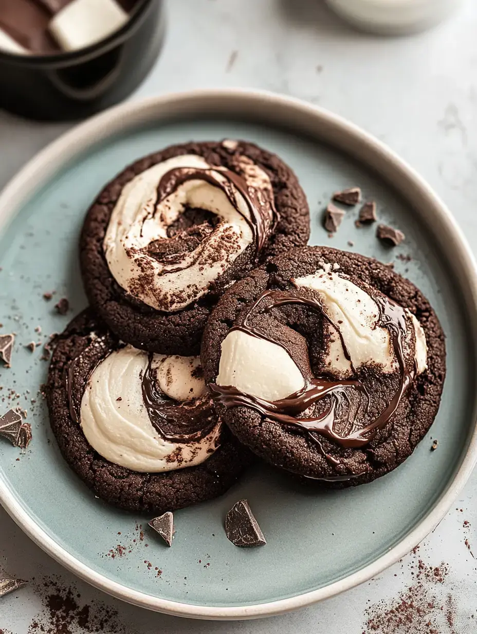 Three chocolate cookies with a creamy white and dark chocolate swirl are arranged on a light blue plate, surrounded by chocolate shards.