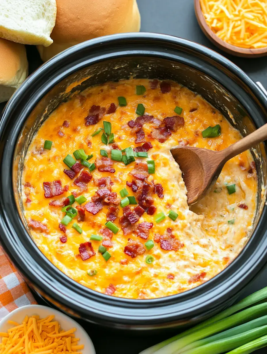 A creamy cheese dip topped with bacon bits and green onions in a slow cooker, accompanied by dinner rolls and shredded cheese.