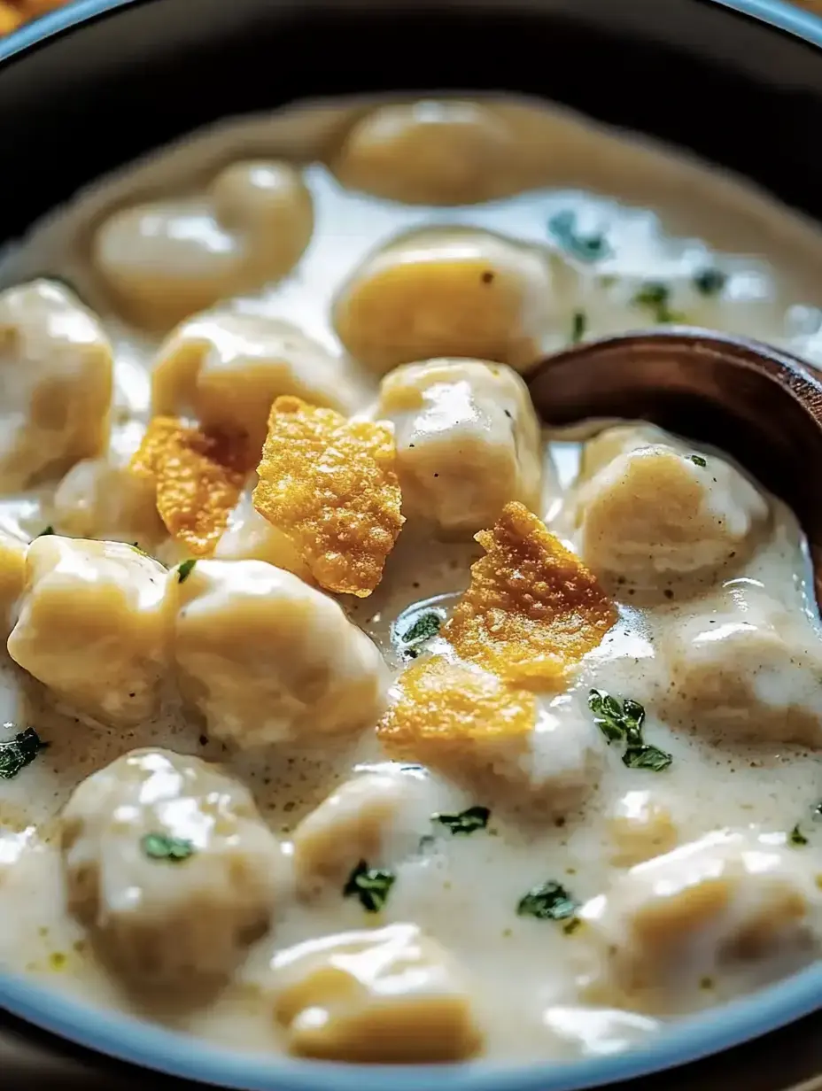 A bowl of creamy gnocchi topped with crispy flakes and garnished with green herbs.