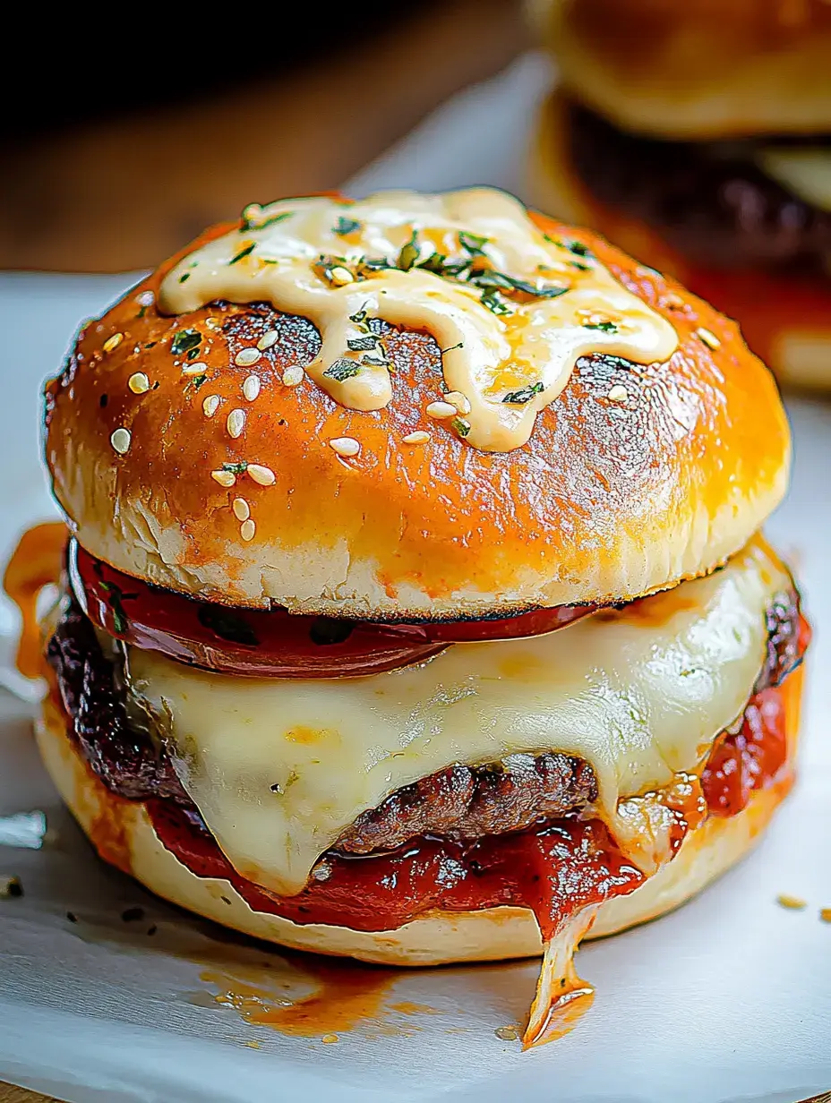 A close-up of a juicy cheeseburger with melted cheese, a sesame seed bun, sliced tomatoes, and drizzled sauce.