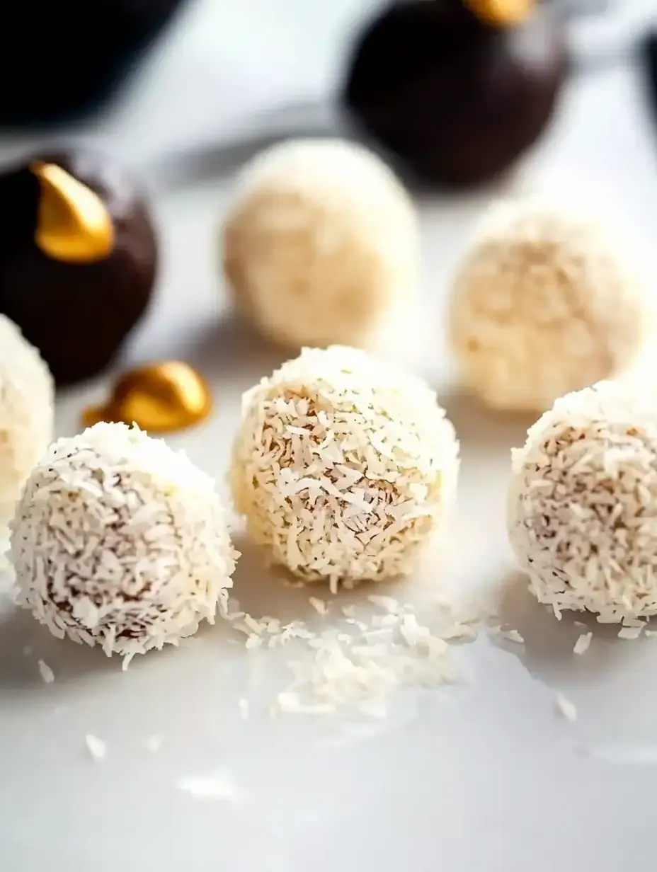 A variety of round coconut-covered treats are showcased on a white surface, with some dark chocolate-coated ones in the background.