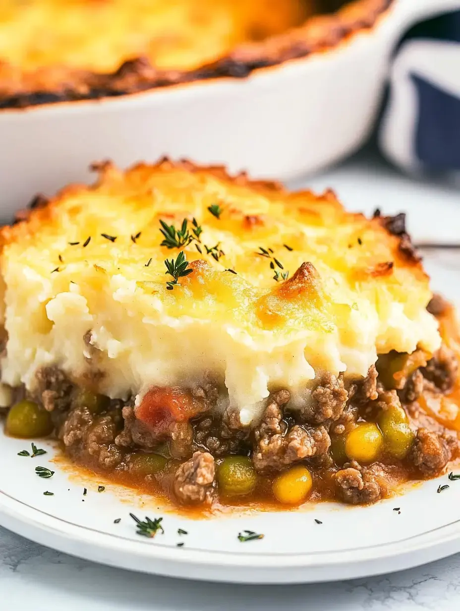 A serving of shepherd's pie with a golden mashed potato topping over a mixture of ground meat, vegetables, and sauce, garnished with fresh thyme.