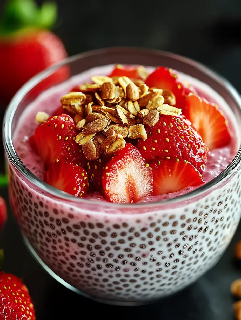 A glass bowl filled with chia seed pudding, topped with fresh strawberries and a sprinkle of granola.