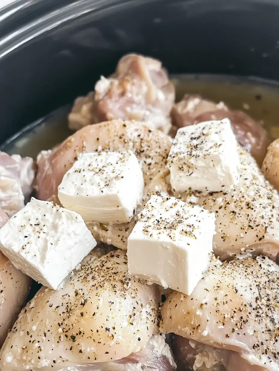 A close-up view of raw chicken pieces seasoned with spices and topped with cubes of feta cheese in a slow cooker.