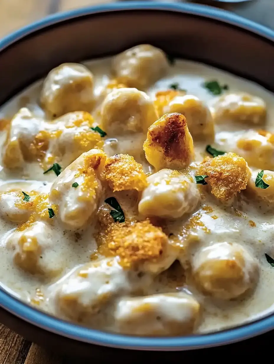 A bowl of creamy gnocchi topped with golden breadcrumbs and fresh herbs.