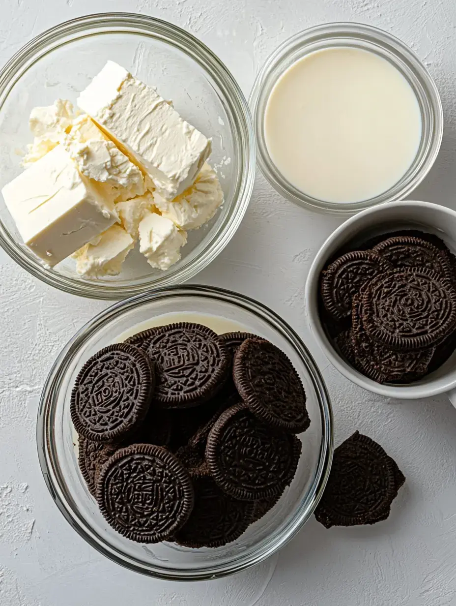 A collection of ingredients for a dessert, including cream cheese, milk, and multiple bowls of Oreo cookies, arranged on a light background.