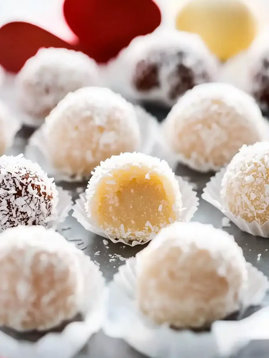 A variety of coconut-covered sweets are arranged on a tray, with one candy cut to show its creamy filling.