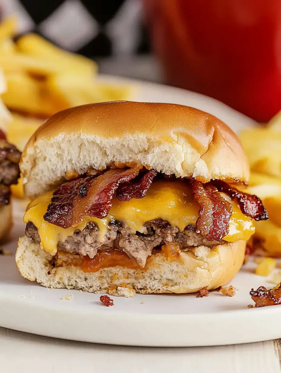 A close-up of a cheeseburger topped with crispy bacon, served on a plate with fries in the background.