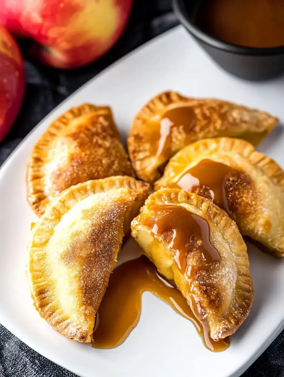 A plate of golden-brown apple-filled pastries drizzled with caramel sauce, accompanied by fresh apples in the background.