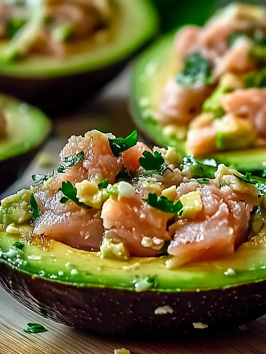 A halved avocado filled with diced salmon, herbs, and seasonings.