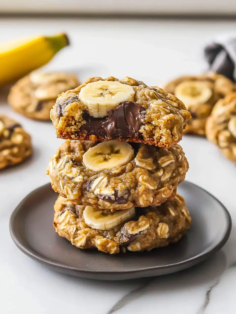 A stack of three chewy banana oatmeal cookies with chocolate filling and banana slices on top, placed on a dark plate, with a banana in the background.