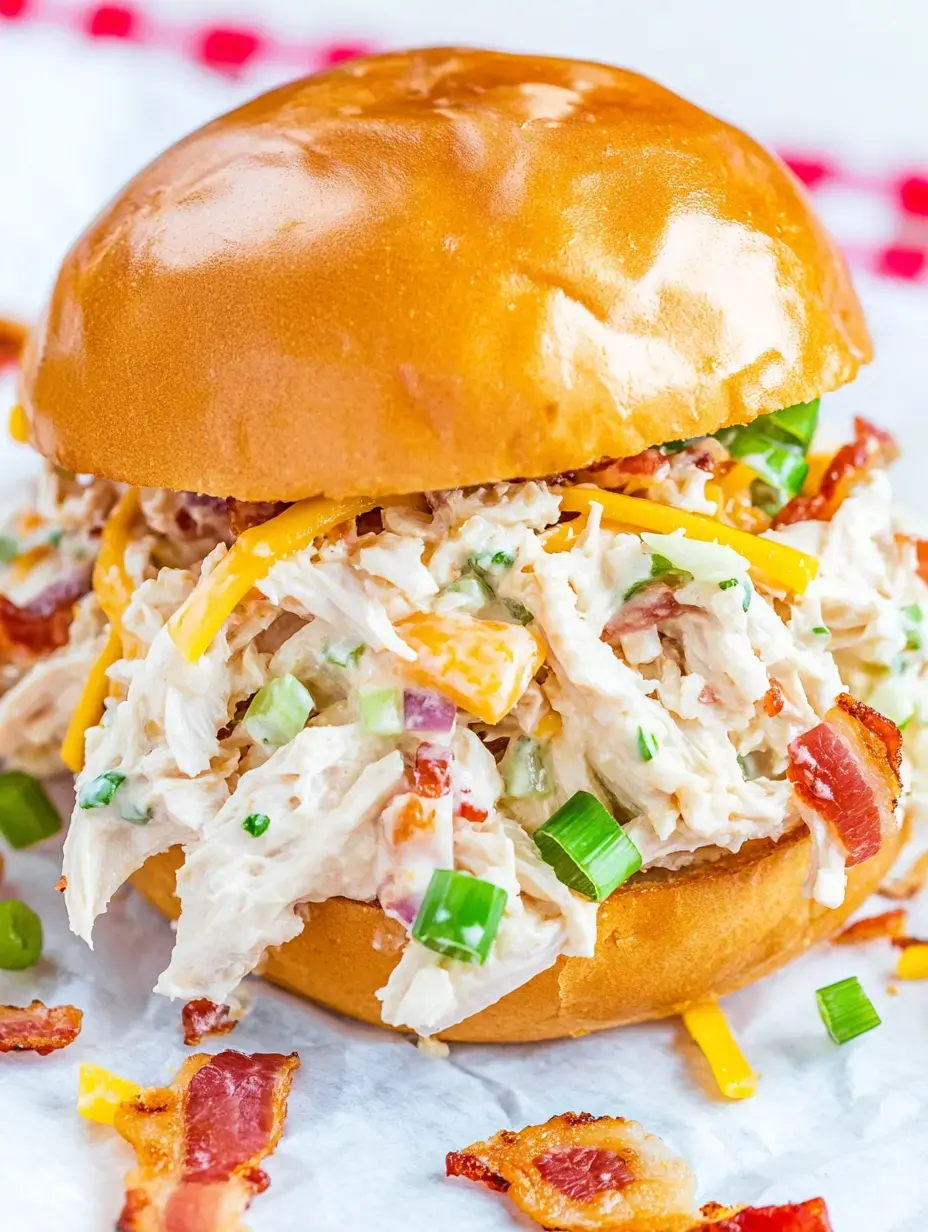 A close-up of a chicken salad sandwich topped with bacon, cheese, and green onions on a glossy bun, with pieces of bacon scattered around.