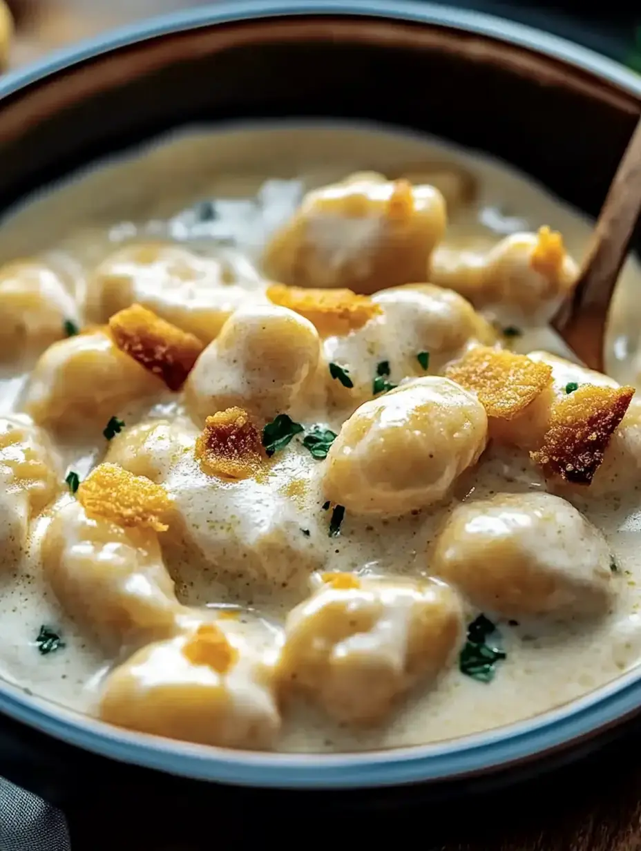 A bowl of creamy gnocchi topped with crispy pieces and garnished with parsley.