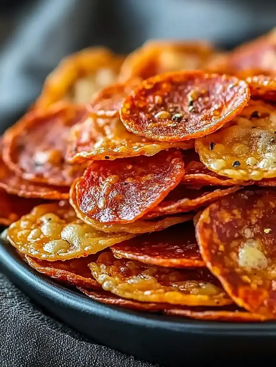 A close-up of crispy, golden-brown pepperoni chips piled on a black plate.